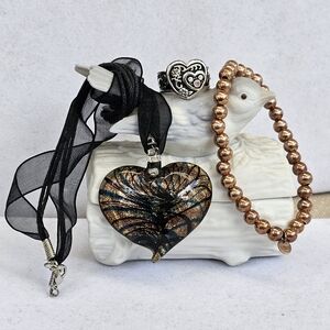 SET! Blown Glass Pendant, 925 ITALY Rose Bead Bracelet, 925 Heart Ring SET!